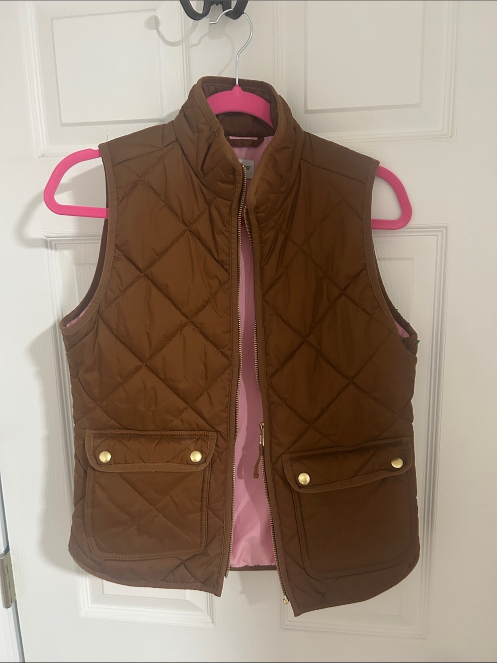 J. Crew Quilted Brown Vest with Pink Lining